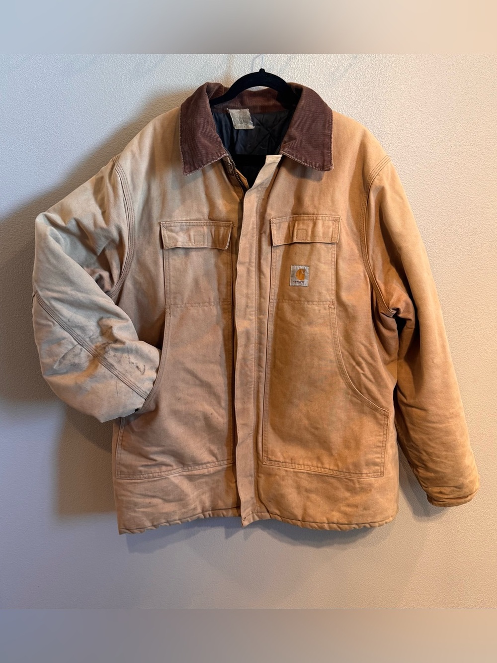 Carhartt Arctic Tan Duck Jacket with Brown Corduroy Collar “Thrashed”